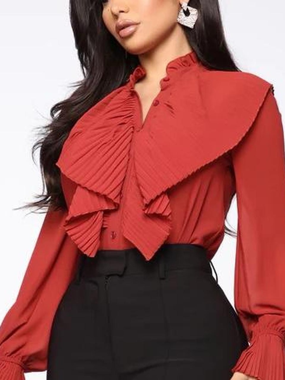 Fashion Nova Rust Red Pleated Ruffle Blouse